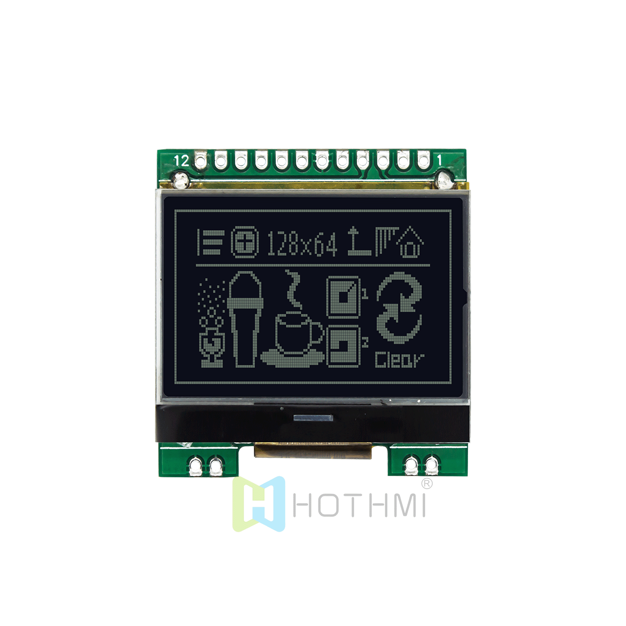 1.7" LCD screen/128x64 graphic dot matrix LCM/black background with white characters/multi-language fonts/DFSTN (-)