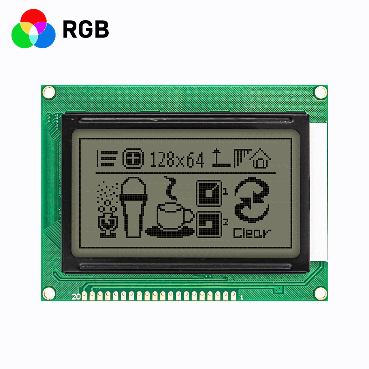 3.2 inch 128x64 graphic dot matrix module/red, green and blue backlight/Chinese character library/FSTN fully transmissive LCD/Arduino