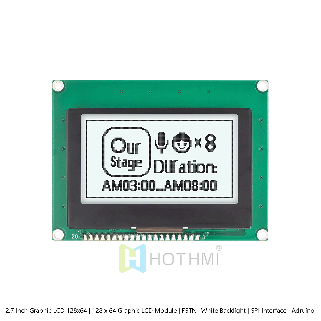 2.7 Inch Graphic LCD 128x64 | 128 x 64 Graphic LCD Module | FSTN+White Backlight | SPI Interface | Arduino | White Background with Gray Text