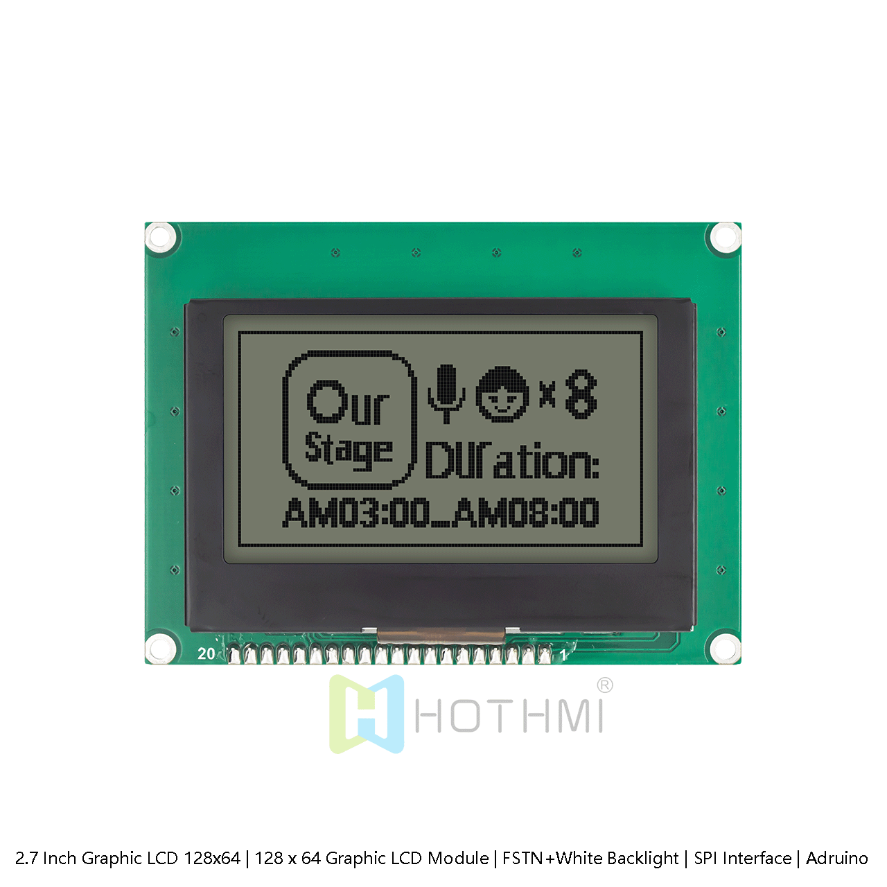 2.7 Inch Graphic LCD 128x64 | 128 x 64 Graphic LCD Module | FSTN+White Backlight | SPI Interface | Arduino | White Background with Gray Text