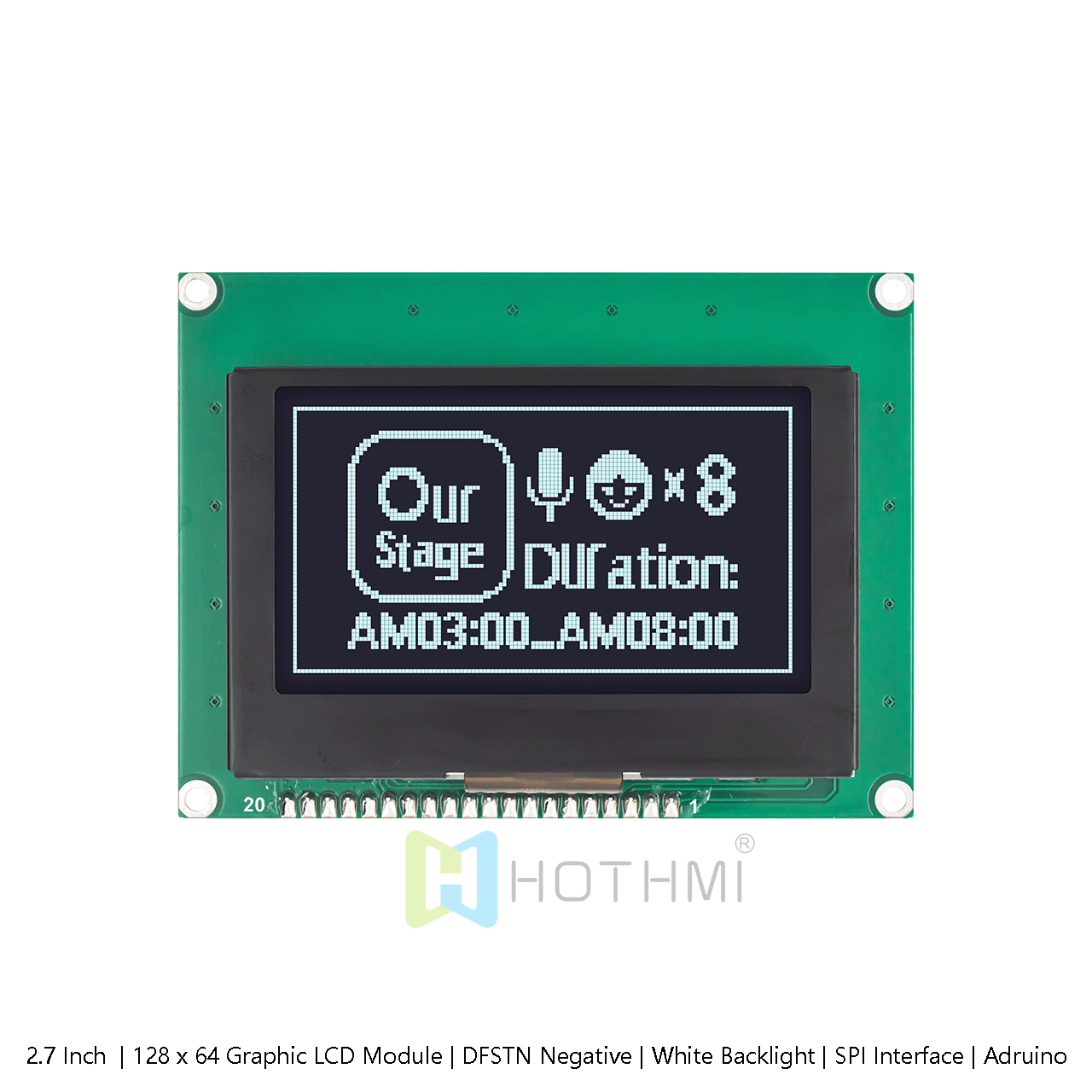 2.7 Inch Graphic 128x64 Graphic LCD Display | DFSTN Negative | White Backlight | SPI Interface | Arduino | White on Black