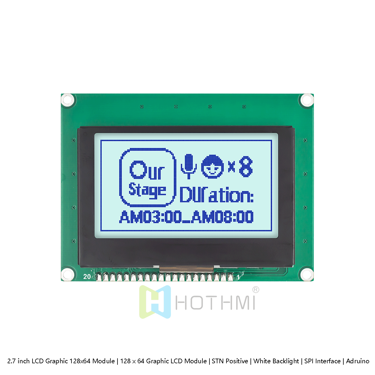 2.7 inch LCD Graphic 128x64 Module | STN Positive | White Backlight | SPI Interface | Arduino | Gray Background with Blue Text