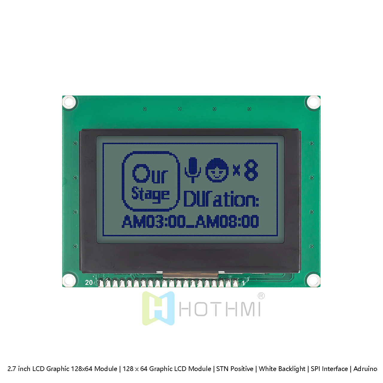 2.7 inch LCD Graphic 128x64 Module | STN Positive | White Backlight | SPI Interface | Arduino | Gray Background with Blue Text