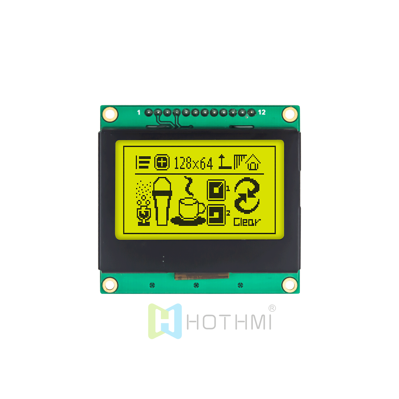 2" 128x64 Yellow-Green Graphic LCD | 128 x 64 Graphic LCD | STN Positive | SPI Interface | 3.3V