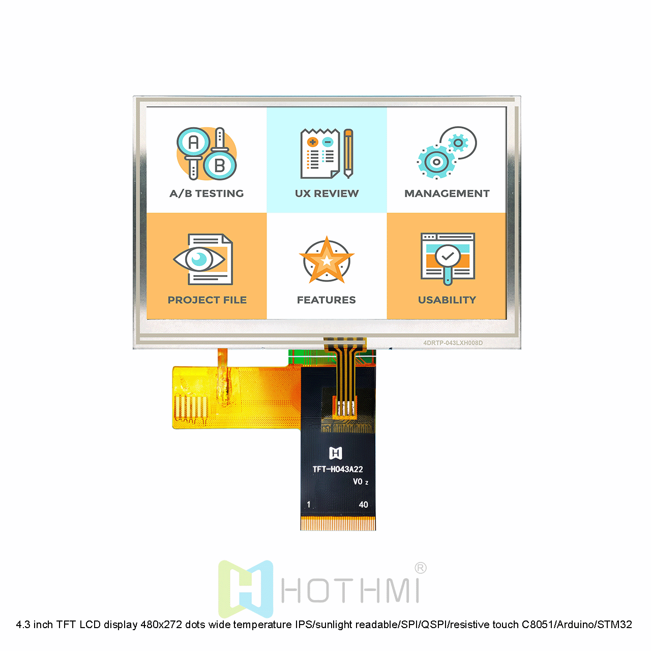 4.3 inch TFT LCD display 480x272 dots wide temperature IPS full viewing angle/sunlight readable/SPI/QSPI interface/resistive touch C8051/Arduino/STM32