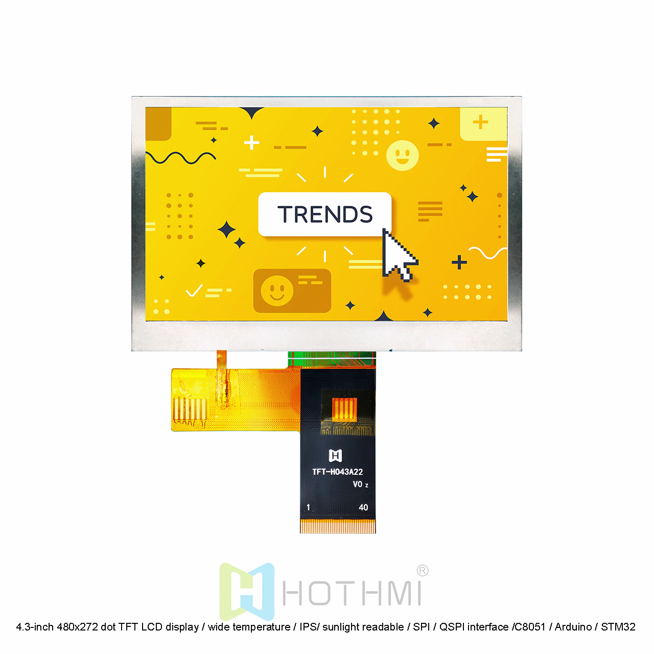 4.3-inch 480x272 dot TFT LCD display / wide temperature / IPS full viewing angle / sunlight readable / SPI / QSPI interface / optional touch C8051 / Arduino / STM32
