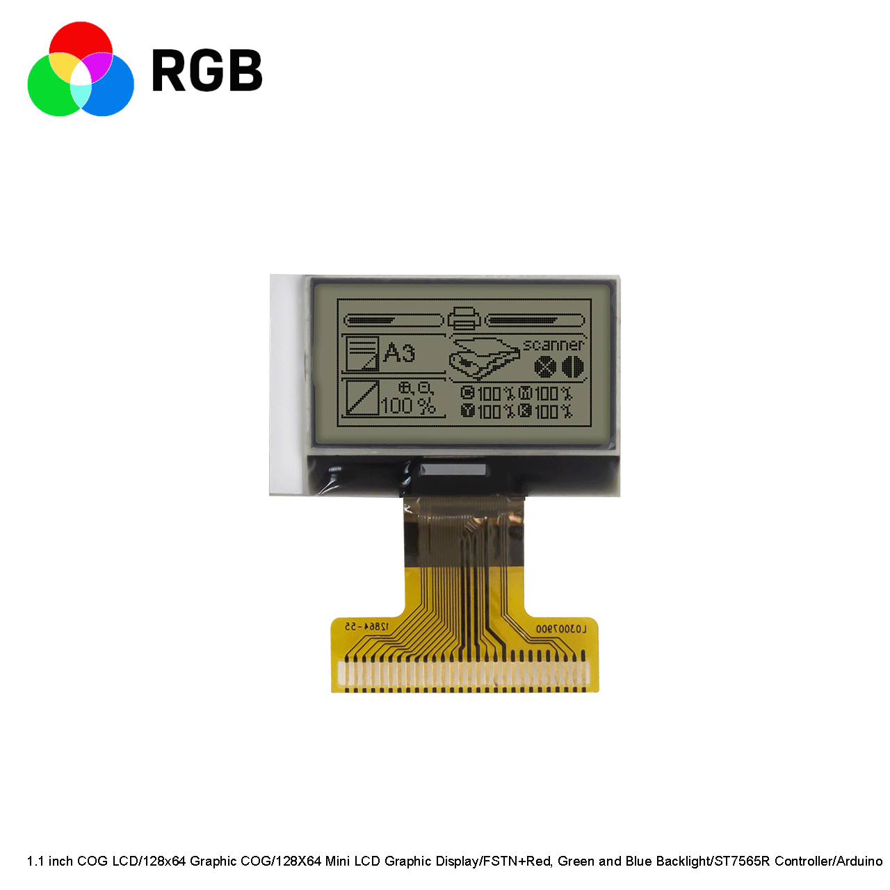 1.1 inch COG LCD/128x64 Graphic COG/128*64 Mini LCD Graphic Display/FSTN+Red, Green and Blue Backlight/ST7565R Controller/Arduino