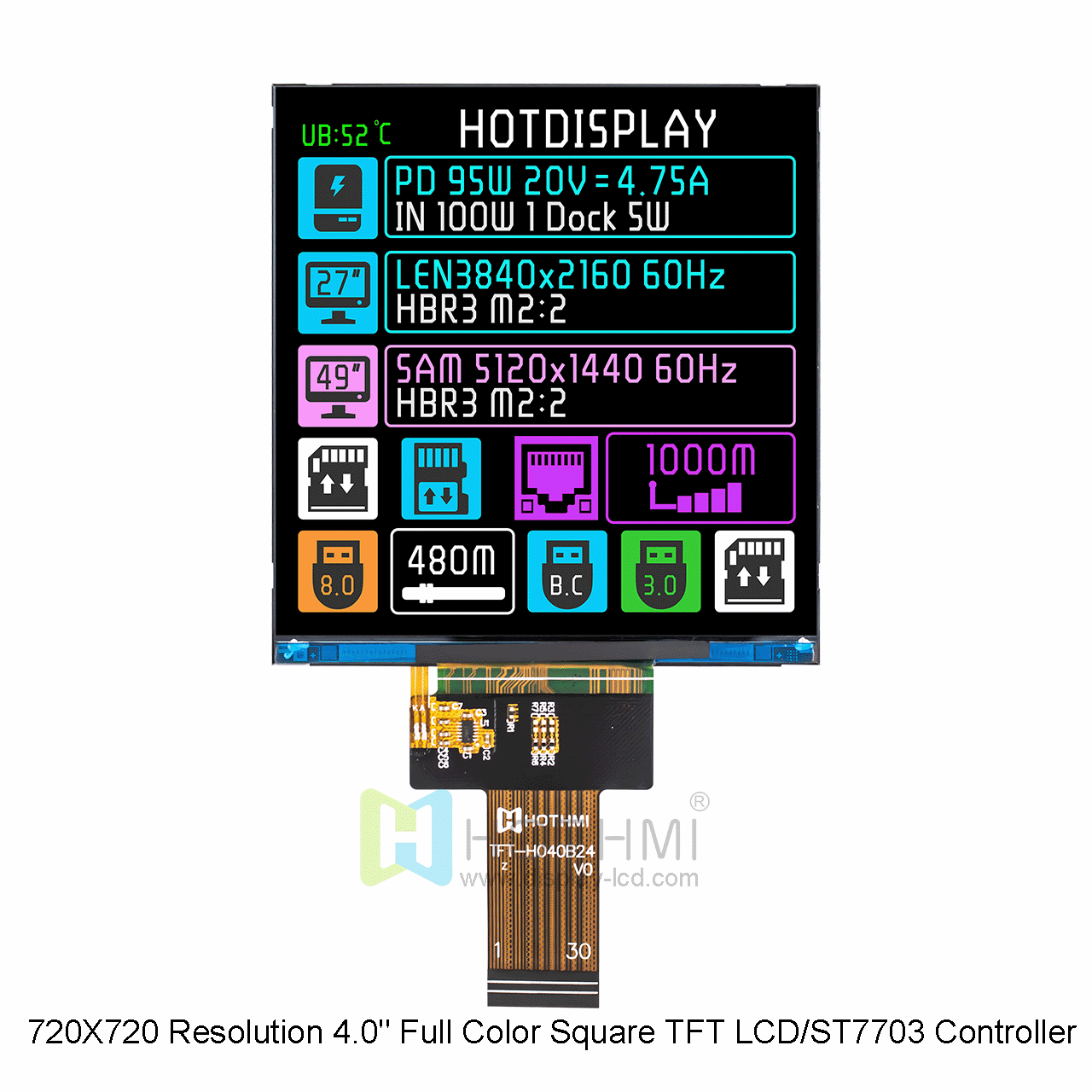 720X720 Resolution 4.0" Full Color Square TFT LCD/ST7703 Controller