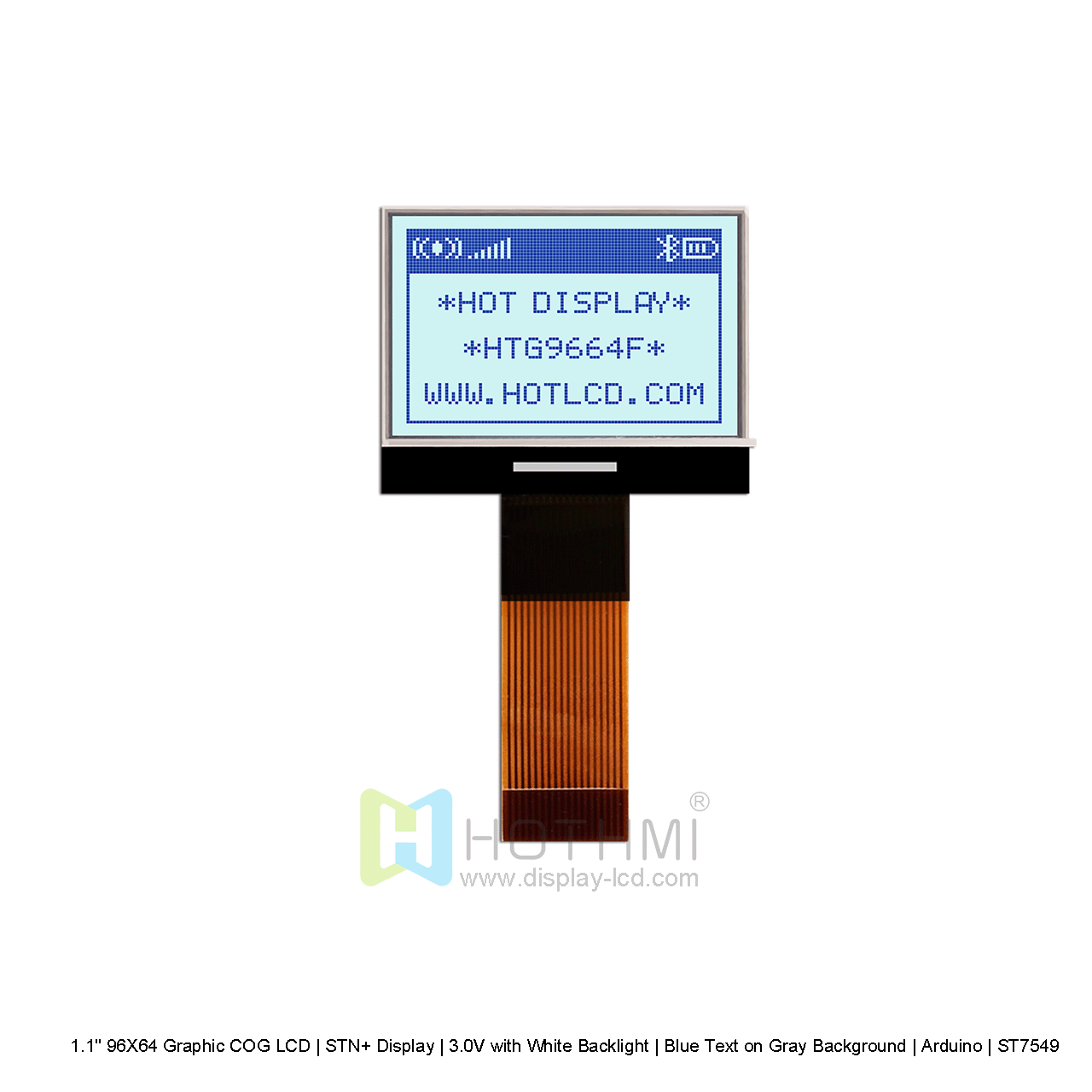 96X64 pixel Graphic COG LCD | STN+ display | with white backlight 3.0V | blue text on gray background | Arduino