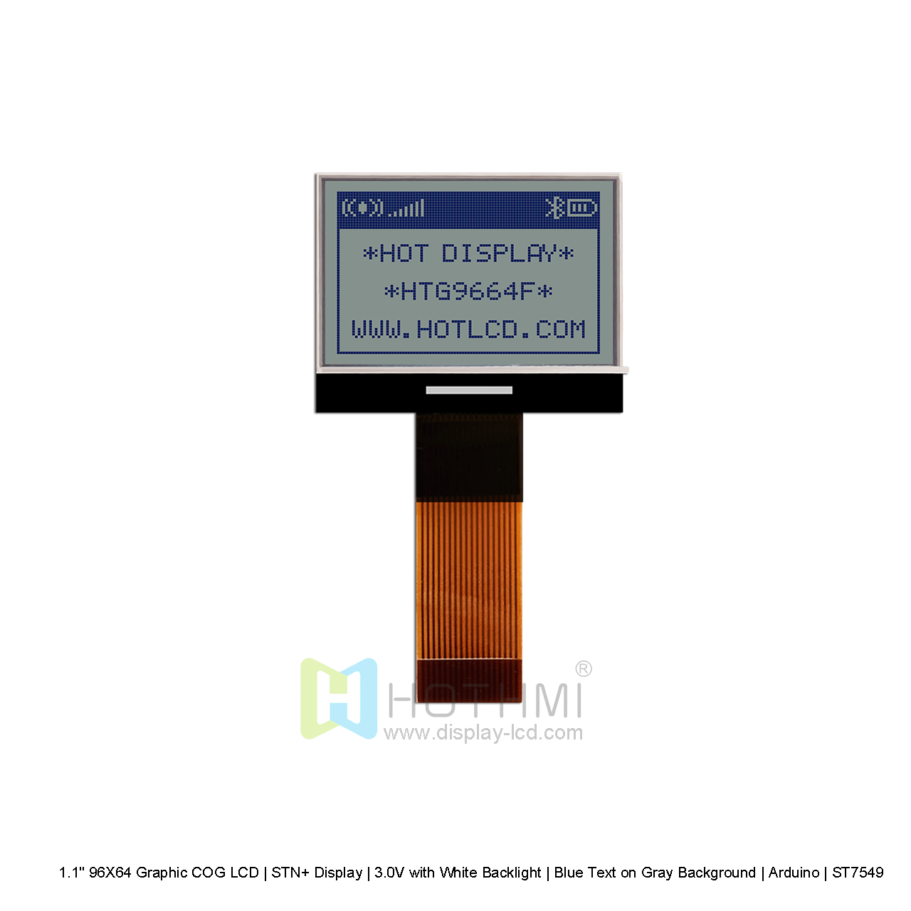96X64 pixel Graphic COG LCD | STN+ display | with white backlight 3.0V | blue text on gray background | Arduino