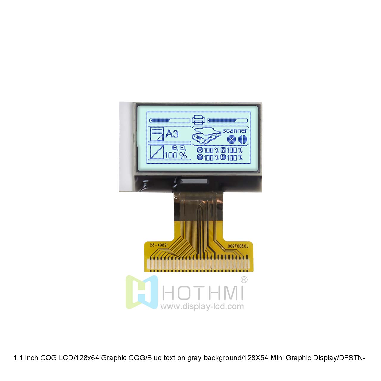 1.1 inch COG LCD/128x64 Graphic COG/Blue text on gray background/12864 Graphic Display/DFSTN-/ST7565R Controller/Arduino