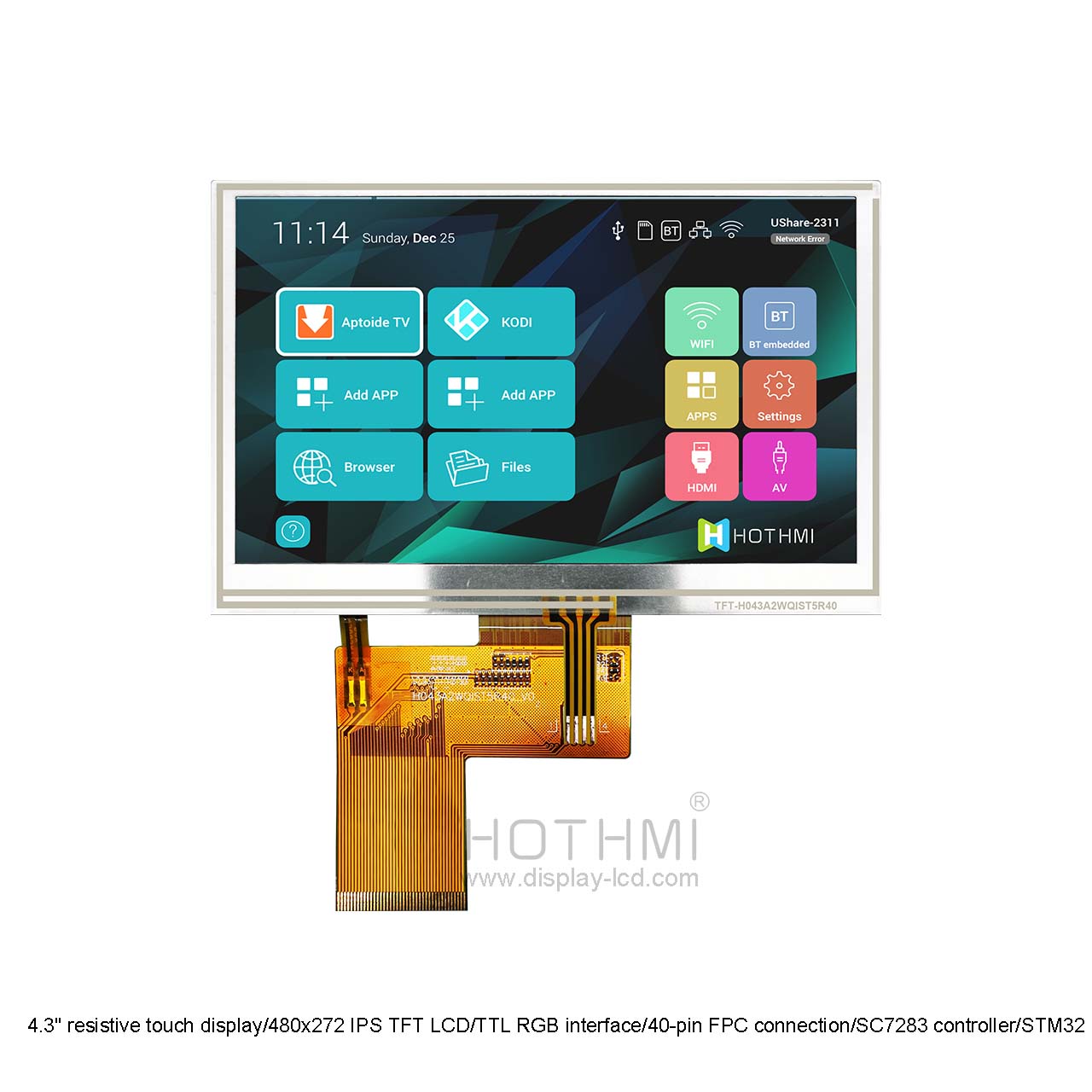 4.3 inch resistive touch display/480x272 IPS TFT LCD panel/TTL RGB interface/40-pin